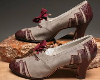 1930s art deco era grey suede and burgundy skin spectator pumps