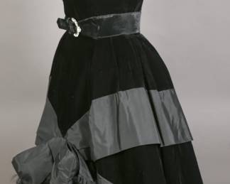 Profile of a 1950s Suzy Perette Silk velvet and taffeta couture gown