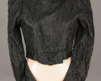 Ornate antique Victorian jet black lace and silk ribbon peaked shoulder blouse