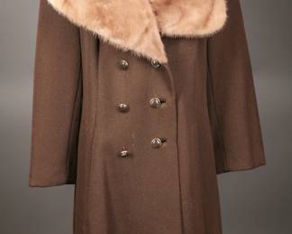 Lovely 1960s textured chocolate brown wool and blonde mink double breasted car coat.