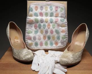1950s silk brocade babydoll pumps, multicolor beaded handbag and pearl beaded evening gloves, all a set in one lot