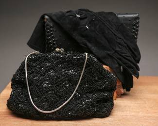 Mid Century Black Beaded handbags and coordinating gloves