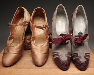 Very late 1920s to early 30s peach satin and leather evening shoes with grey suede and burgundy animal skin deco era 30s tie shoes