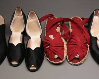 Assorted 1940s Black Satin Daniel Green Boudoir slippers and one pair brand new red cotton espadrills, size 6.5 to 7