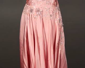 Glistening Pink early 1950s heavily embellished gown by Frank Starr, 2 piece set with shoulder wrap