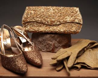 Glittering Gold 1960s Accessories ensemble (shoes, purse and gloves)