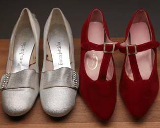 1960s era silver lame and red velvet evening shoes