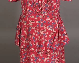 Perfectly pleated 1930s cold rayon abstract printed dress with oversized peplum