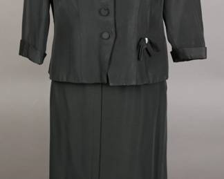 Mid to later 1940s Jet Black Rayon Womens suit with rhinestone bow details