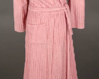 Classic 1940s Cozy Pink Chenille Robe with Burgundy Bow and floral design