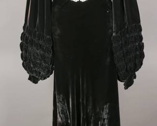 Unreal! 1930s handmade silk velvet bias cut gown with delicate pleated lantern sleeves and emerald stone center belt