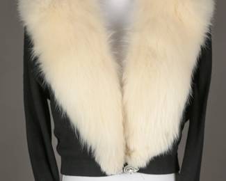 Glam 1950s Black embellished cardigan with White Fox Fur collar and rhinestone buckle and buttons