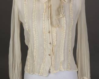 Gorgeous semi sheer 1940s bow tie blouse with prong set pearl buttons