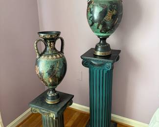 Vintage Neoclassical Black Greek Amphora Vases on a pedestal. Sold Separately. 