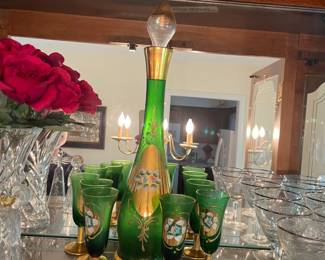 Murano Glass Emerald Decanter Set w/ Wine Glasses