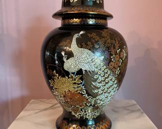 Vintage Japanese Black Lacquer Ginger Jar with Peacock & Floral Motif 
