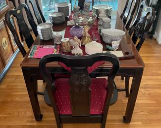 Asian Carved Wood Expandable Dining Room Table and Chairs