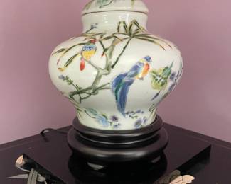 15" Porcelain Lily Cover Jar Lamp- Hand Crafted and Painted.