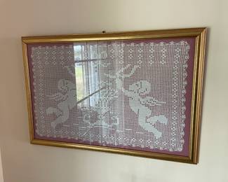 Framed Filet Crochet Art Featuring Two Angels