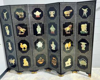 Chinese Coromandal Screen with Jade and hardstone inlays 72"x15 7/8" Orlando Estate Auction
