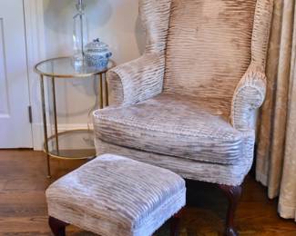 Queen Anne wingback chair with matching ottoman