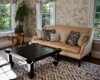 Velvet sofa with nailhead trim