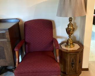 One of a pair of armchairs w burgundy upholstery, one of pair of hexagon shaped end tables, one of a pair of Stiffel brass lamps