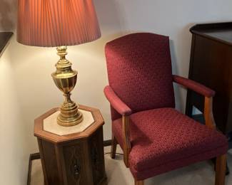Stiffel brass lamp, hexagon shaped end table, antique armchair w burgundy upholstery
