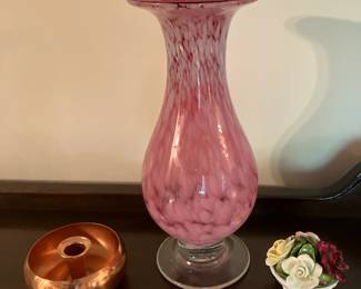 Copper candlestick, large hand-blown pink glass vase, Aynsley porcelain flowers