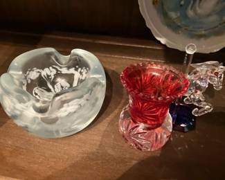 Murano glass ashtray, red & clear thoothpick
