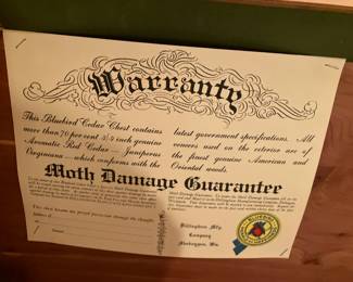 Warranty on Blue Bird cedar chest