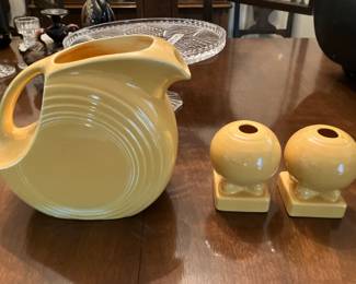 Yellow Fiesta pitcher, Fiesta ball candlesticks