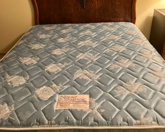 Full size bed w Posturpedic mattresses and beautiful antique oak headboard
