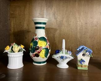 Porcelain flowers, vase, birdhouse trinket box