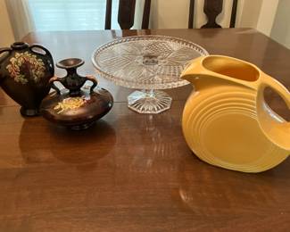 Pottery vases, cake pedestal plate, Fiesta pitcher