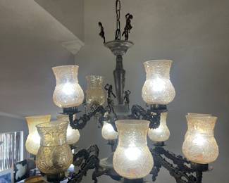 Gorgeous MCM Iron Cast Chandelier with Amber Glass Shades