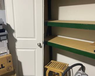 Door with hardware and casing - 24”x80”, industrial adjustable shelving - - materials for a 4th shelf, bath stool, shop vac and trash can.