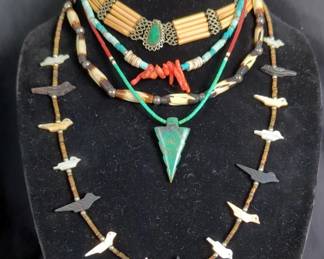 Shell Beaded Necklaces Including Jade Arrowhead Necklace with Additional Southwestern-Style Necklaces