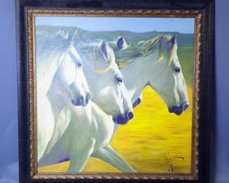 Mustang Horses Painting On Board, Framed, 32" x 32"