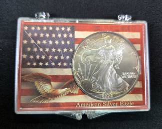 2003 American Eagle $1 Silver Coin, 1 oz Fine Silver, In Display Case, 1965 Kennedy Half Dollar, And Lincoln-Kennedy Penny With Info Card