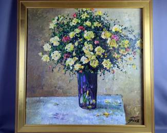 David Gross (1960-) "The Table" Original Oil On Canvas, Signed And Framed, Canvas Not Secured In Frame, 24" x 24"