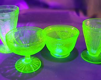 Uranium Glass Including Coffee Cup And Dessert Dishes And Vintage Glassware