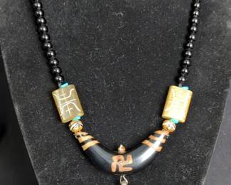 Tibetan Beaded Necklace With Dragon Pendant, 16"