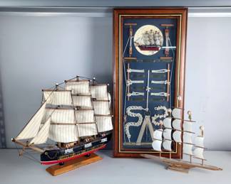 Nautical Framed Knot Display And Ship Models, Qty 2