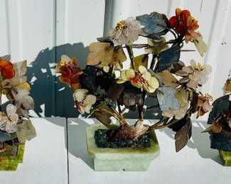 Antique 13" Tall Asian Hardstone Floral and a Pair of 8 1/2" Tall Asian Hardstone Floral Arrangements