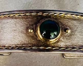 Sterling and 18k Lady's Cuff Bracelet With Green Cabochon Center Stone