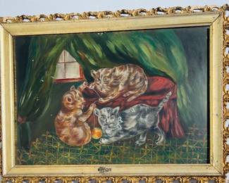Primitive Folksy Folk Art Oil on Board of Kittens With Ball of Yarn