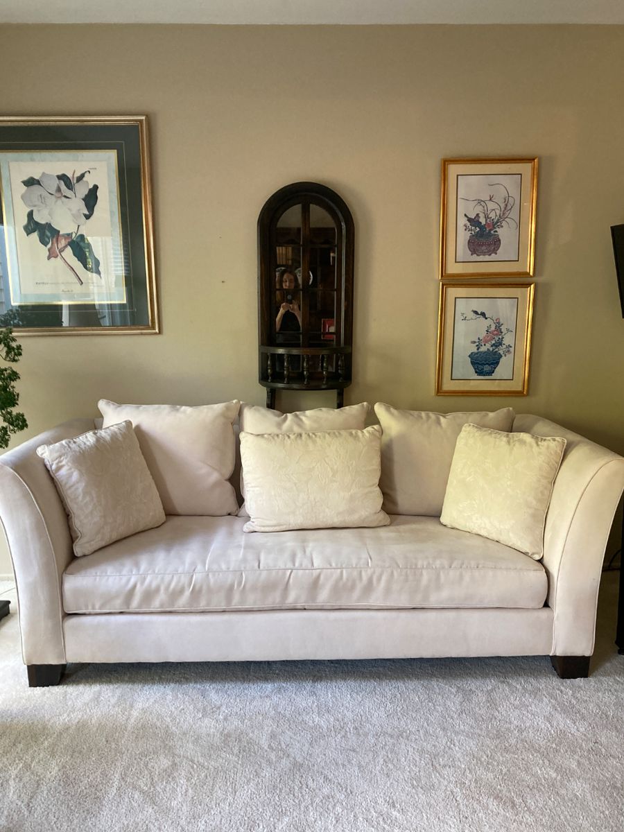 $400.00 Ivory sueded fabric sofa with 6 pillows; 90”L x 39”D x 27” W