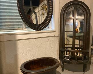 Oval mirror $35.00; Vintage English arched wall mirror $75.; Asian wood basket $25.