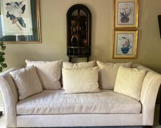 $400.00 Ivory sueded fabric sofa with 6 pillows; 90”L x 39”D x 27” W